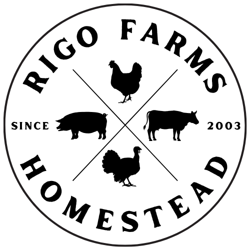 Logo for Rigo Farms Homestead. Features a chicken, cow, pig, and turkey, with text around the edge.