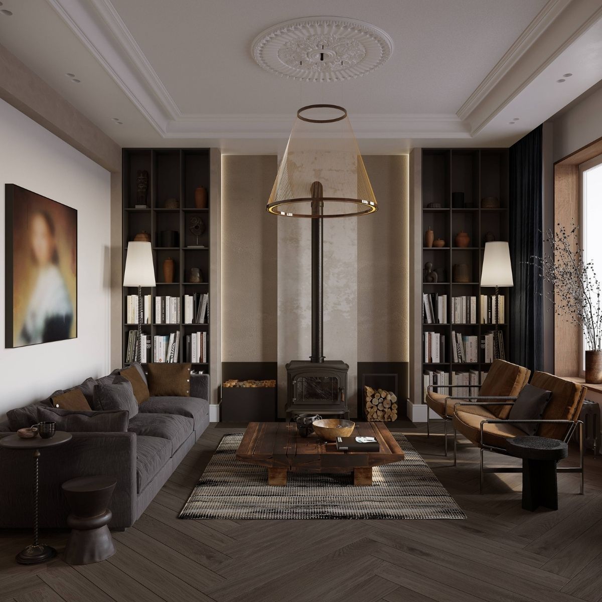 AvalaArhi, Dizajn Enterijera, Projekat 1, Beograd, Savski Venac. Elegantno uređen dnevni boravak sa tamnim nameštajem, drvenim podom i modernim kaminom, okružen policama za knjige.