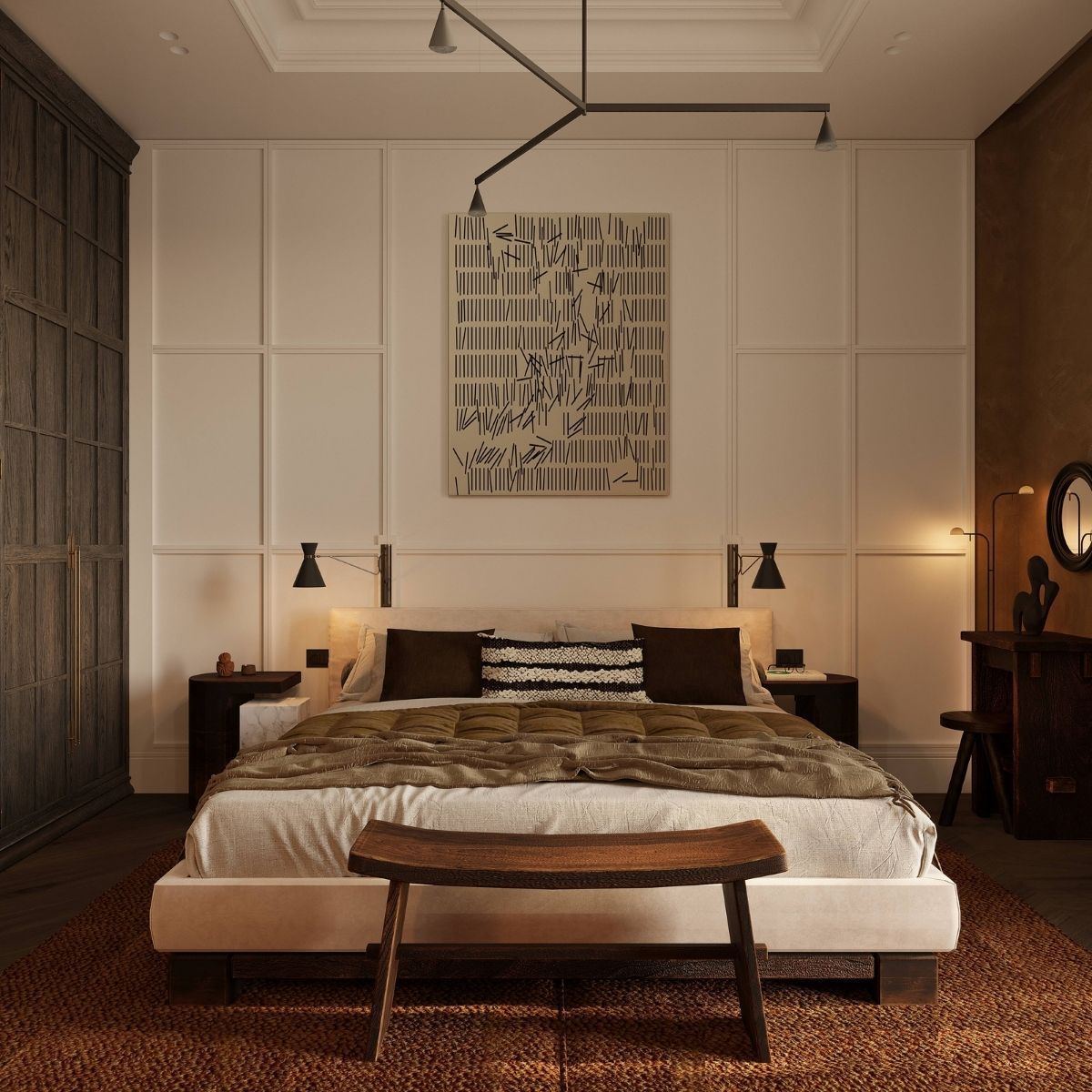 AvalaArhi, Dizajn Enterijera, Projekat 1, Beograd, Savski Venac. Prostrana i luksuzno uređena spavaća soba sa velikim krevetom, modernim lusterom i umetničkim delom na zidu. Drveni elementi i tople boje stvaraju prijatnu i sofisticiranu atmosferu.