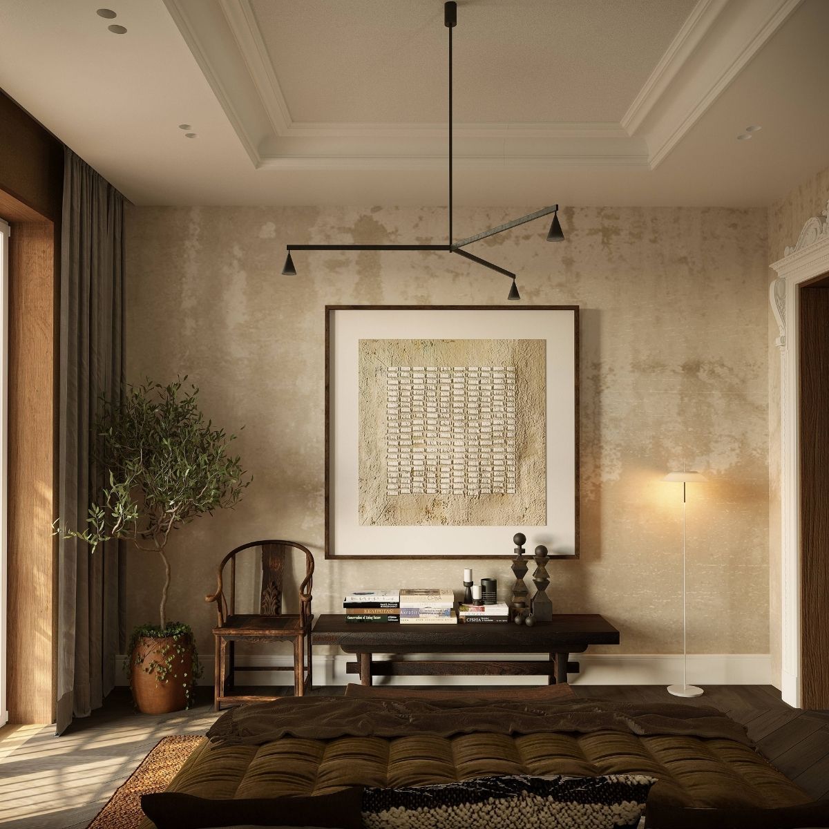 AvalaArhi, Dizajn Enterijera, Projekat 1, Beograd, Savski Venac. Stilskia spavaća soba sa modernim lusterom i umetničkim delom na zidu. U sobi se nalazi drvena stolica, biljka u saksiji i elegantna podna lampa, stvarajući toplu i sofisticiranu atmosferu.