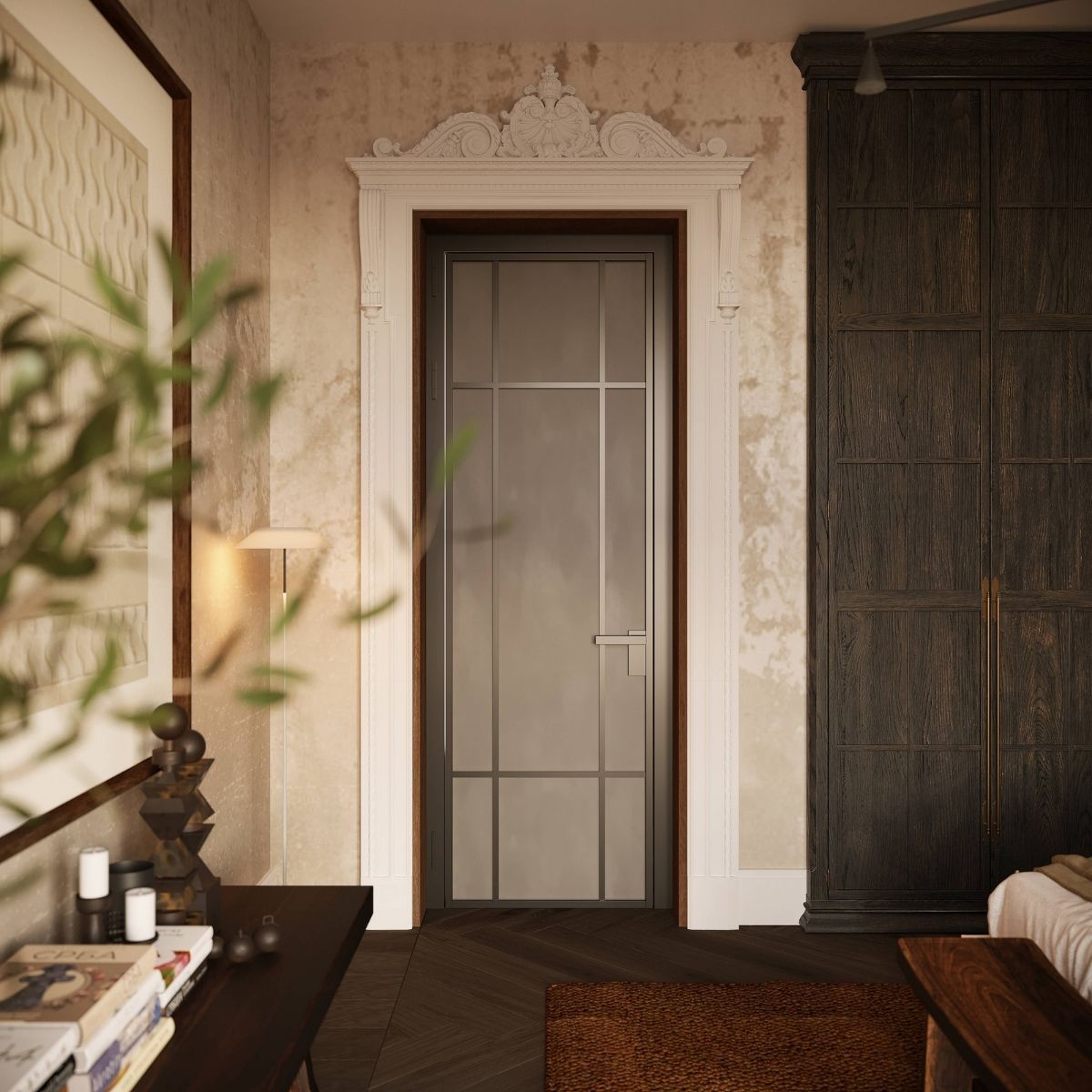 AvalaArhi, Dizajn Enterijera, Projekat 1, Beograd, Savski Venac. Elegantna spavaća soba sa vratima modernog dizajna i umetničkim okvirom. Zidovi su ukrašeni dekorativnim detaljima, a drveni ormar doprinosi sofisticiranom izgledu prostora.