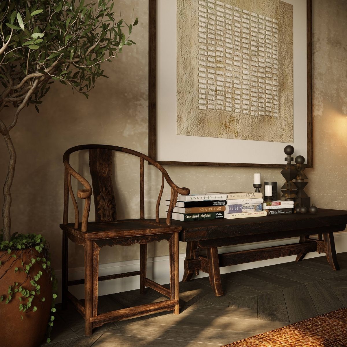 AvalaArhi, Dizajn Enterijera, Projekat 1, Beograd, Savski Venac. Detalj elegantno uređene sobe sa drvenom stolicom, umetničkim delom na zidu i policom sa knjigama. Biljka u saksiji i svetlo doprinose toploj i prijatnoj atmosferi.