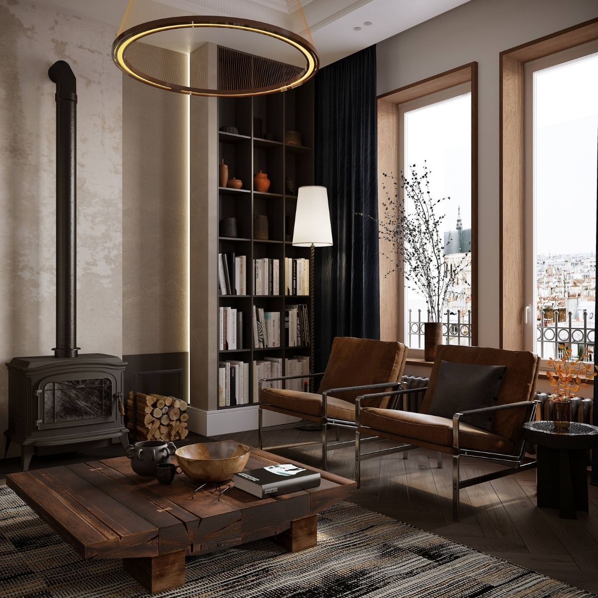 AvalaArhi, Dizajn Enterijera, Projekat 1, Beograd, Savski Venac. Moderno dizajniran dnevni boravak sa kaminom i policama za knjige, smešten pored velikih prozora. Sedišta od kože i stakla pružaju udobnost, dok drveni sto s dekorativnim posudama dodaje estetsku vrednost prostoru.