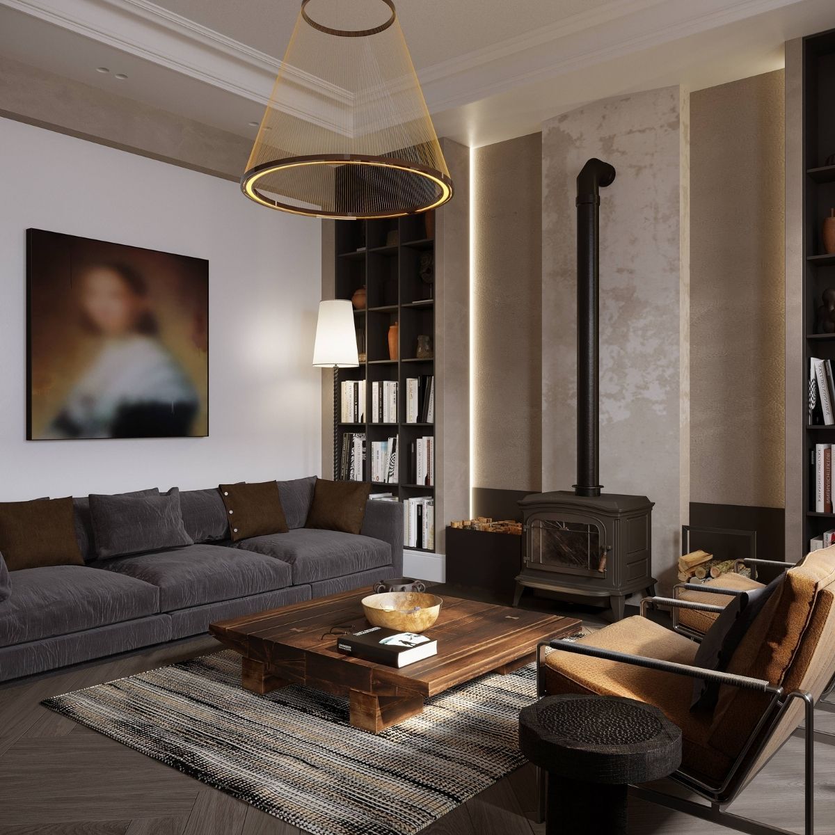 AvalaArhi, Dizajn Enterijera, Projekat 1, Beograd, Savski Venac. Stilski dnevni boravak sa sivim sofa setom i drvenim klub stolom, ispred modernog kamina. Dekorativna polica za knjige i umetnički rad na zidu doprinose elegantnom ugođaju prostora.