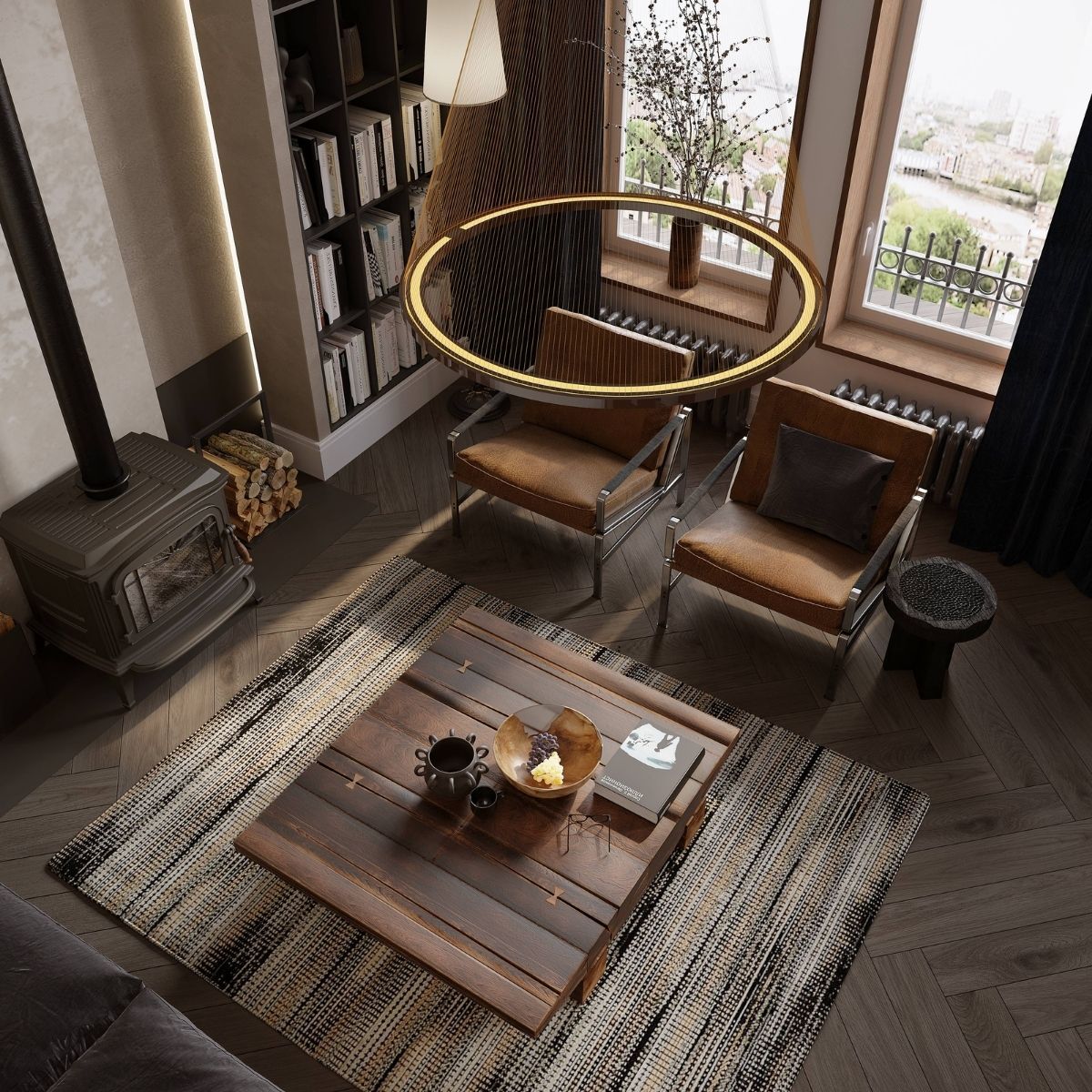 AvalaArhi, Dizajn Enterijera, Projekat 1, Beograd, Savski Venac. Pogled odozgo na moderno uređen dnevni boravak sa kaminom i policama za knjige. Centralni drveni sto sa dekoracijama, okružen smeđim stolicama i velikim prozorima koji puštaju prirodnu svetlost.