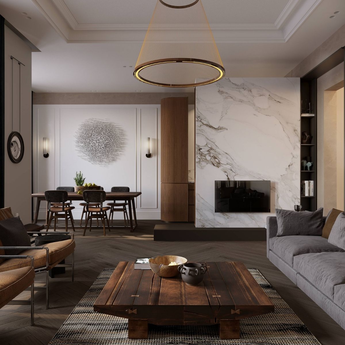 AvalaArhi, Dizajn Enterijera, Projekat 1, Beograd, Savski Venac. Kombinovani dnevni boravak i trpezarija sa drvenim nameštajem i mermernim zidom s televizorom. Prostor je elegantno uređen, sa centralnim stolom i modernim osvetljenjem, dok trpezarija ima umetničku instalaciju na zidu.