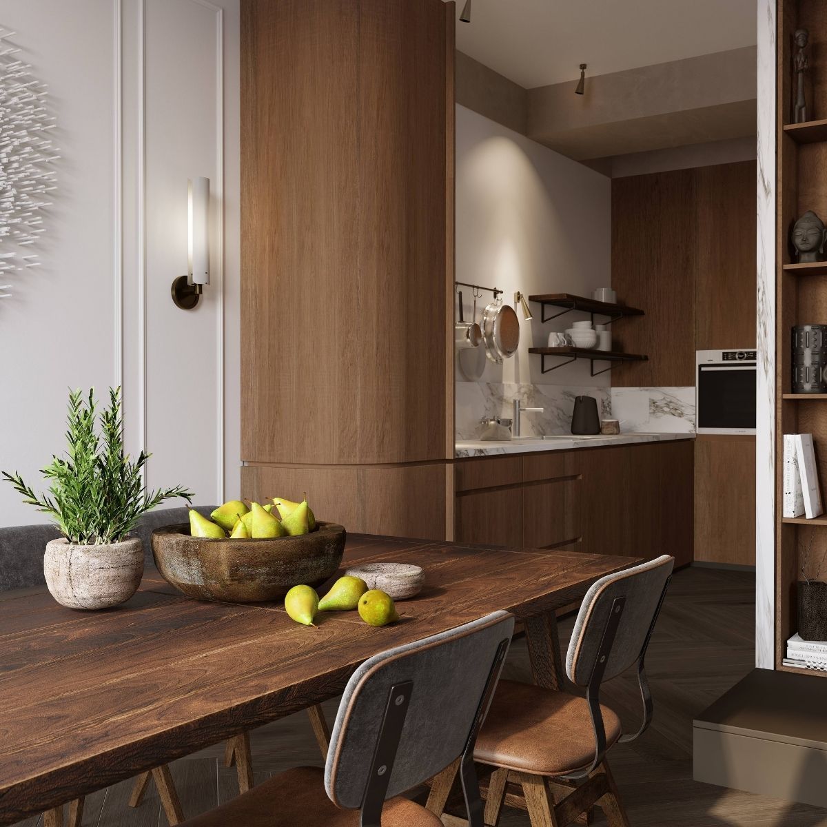 AvalaArhi, Dizajn Enterijera, Projekat 1, Beograd, Savski Venac.  Kuhinja i trpezarija u drvenom dizajnu sa modernim elementima. Sto je dekorisan voćem i biljkama, dok kuhinjski deo sadrži mermernu radnu površinu i otvorene police.