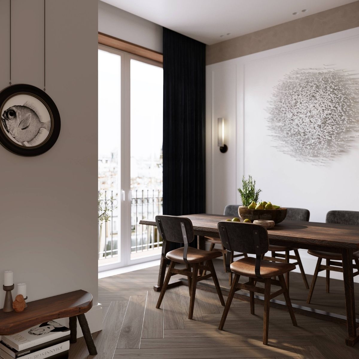 AvalaArhi, Dizajn Enterijera, Projekat 1, Beograd, Savski Venac. Trpezarija sa drvenim stolom i stolicama, umetničkim delom na zidu i velikim staklenim vratima koja vode na balkon. Moderni enterijer sa prirodnim svetlom i elegantnim dekorativnim detaljima.