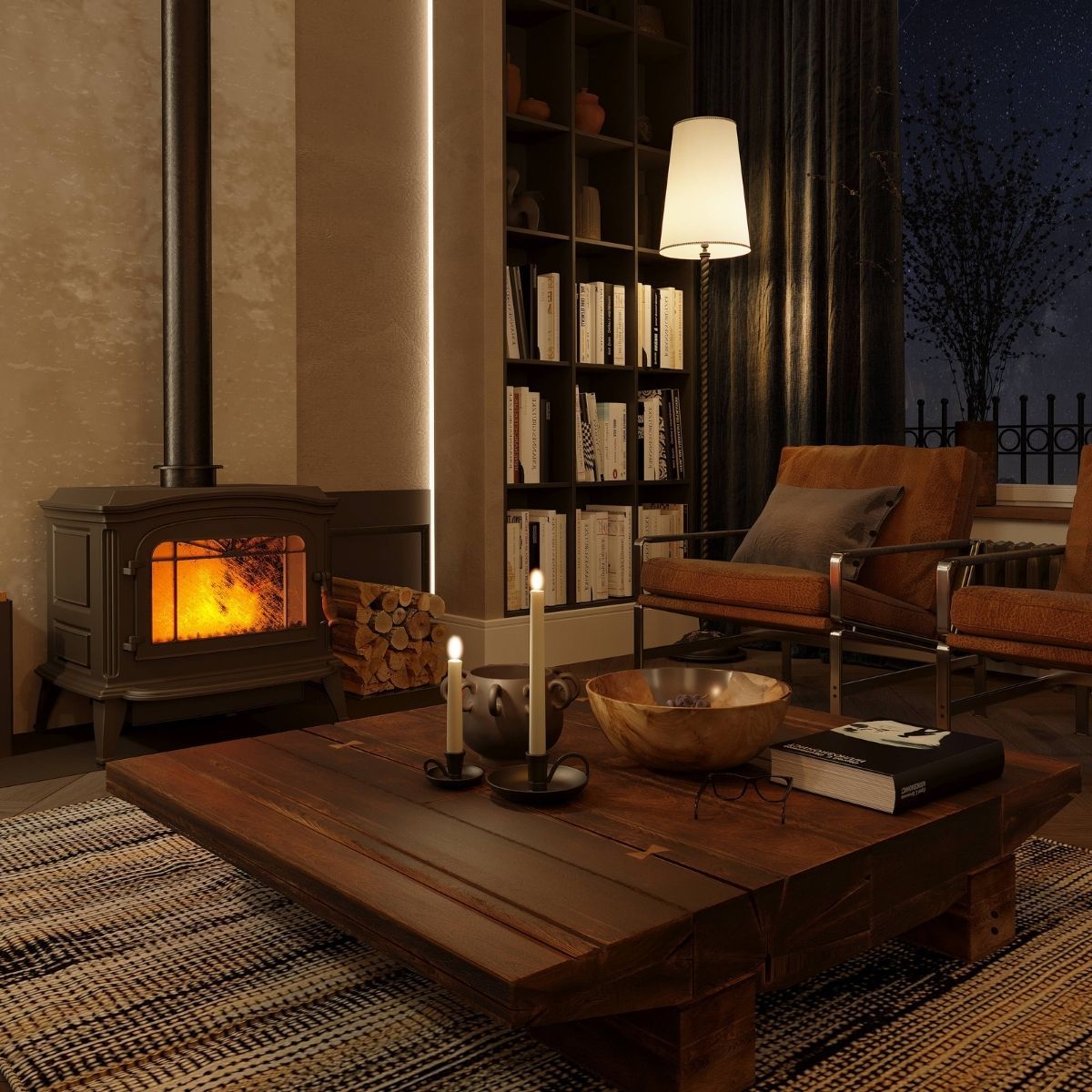 AvalaArhi, Dizajn Enterijera, Projekat 1, Beograd, Savski Venac. Atmosferski dnevni boravak noću sa upaljenim kaminom, drvenim stolom sa svećama i udobnim stolicama. Polica za knjige i prigušeno svetlo doprinose toploj i prijatnoj atmosferi.