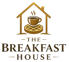 Logo: gold house frame with a coffee cup on a waffle; text 