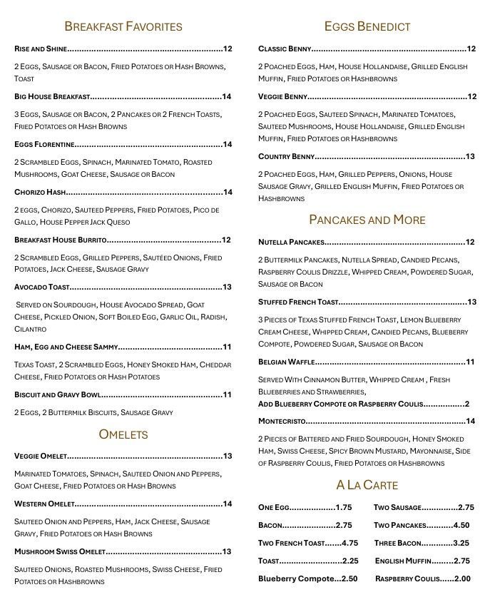 Menu featuring breakfast and a la carte options.