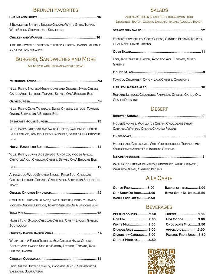Menu for brunch, featuring food and drink items with prices.