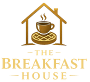 Gold logo: house outline with coffee cup on waffle, and "The Breakfast House" text.