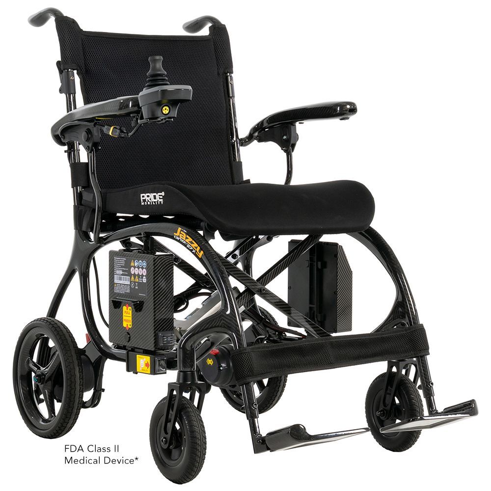 Black lightweight wheelchair with headrest, leg rests, and large rear wheels on a white background