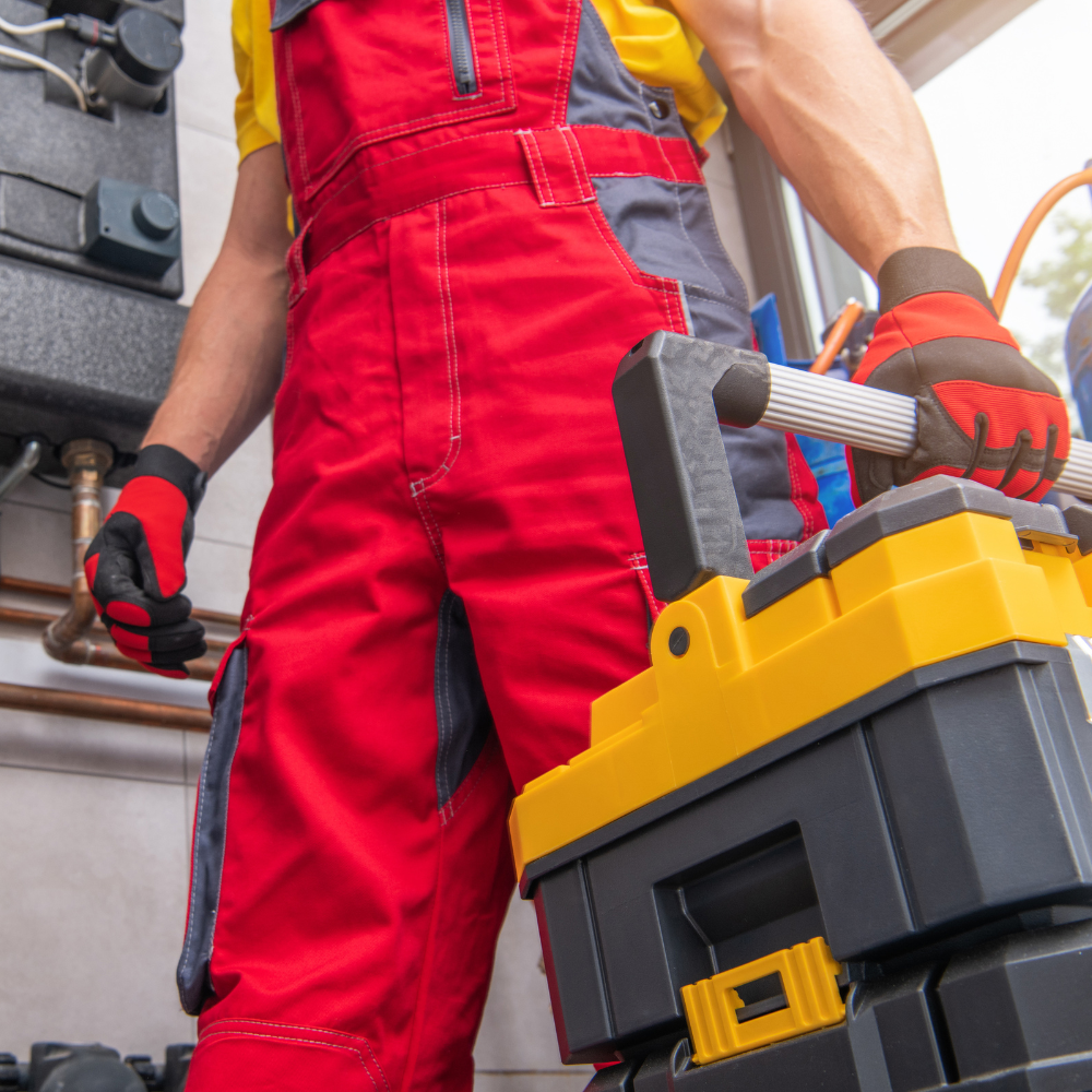 A man in red overalls is standing next to a yellow toolbox