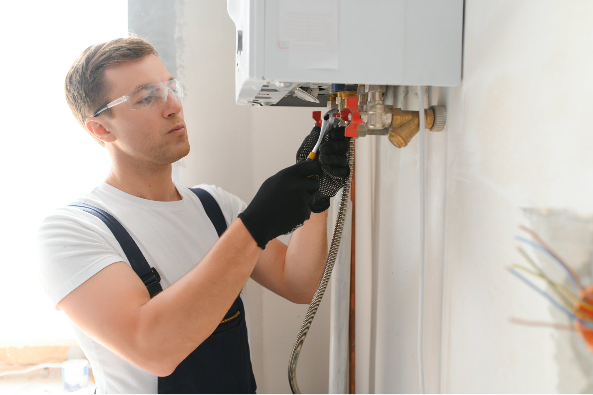 A man is working on a heat pump in a room.