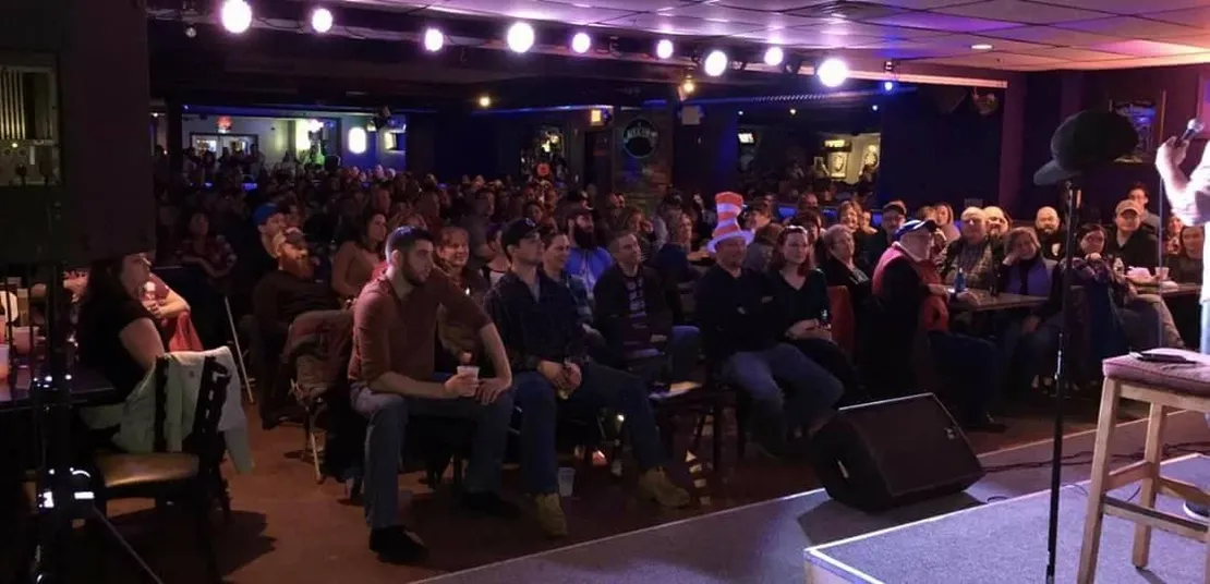 A crowd of people are sitting in a room watching a comedy show.