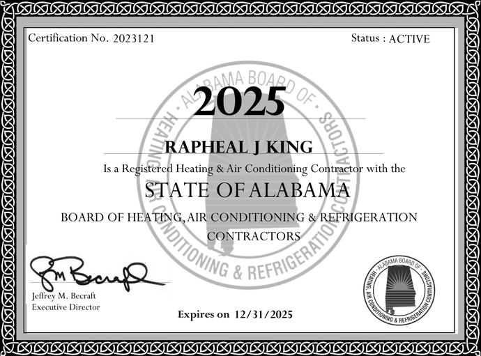 Alabama HVAC contractor certificate for Rapheal J. King, expires 12/31/2025.