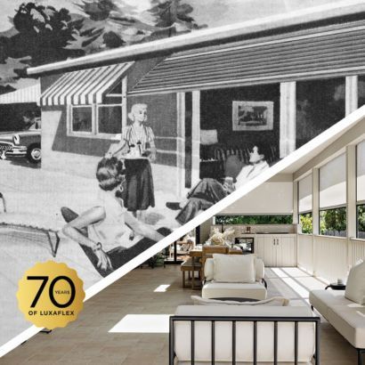 Split image: vintage illustration of pool party next to a modern living room.
