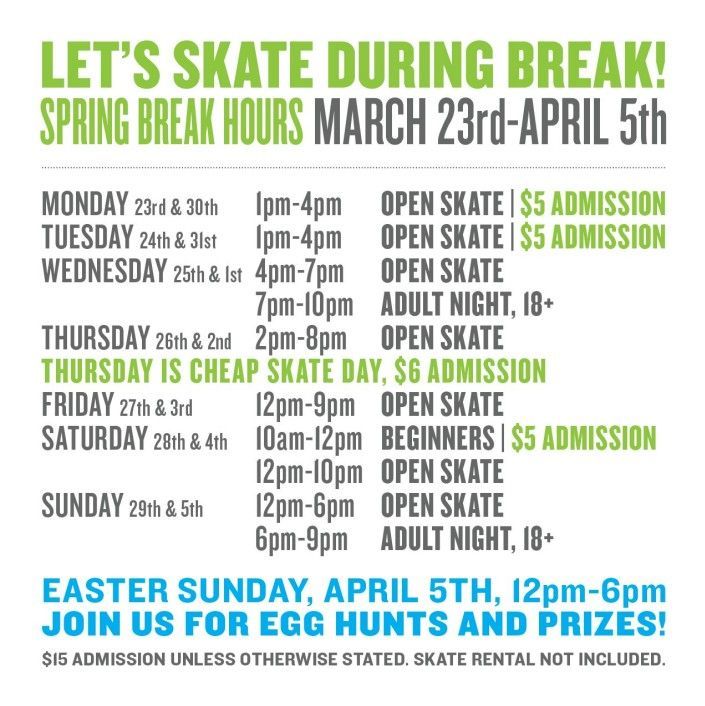 Spring Break skate rink schedule from March 23rd to April 5th, including times, pricing, and Easter Sunday event details. Spring Break skate rink schedule from March 23rd to April 5th, including times, pricing, and Easter Sunday event details.