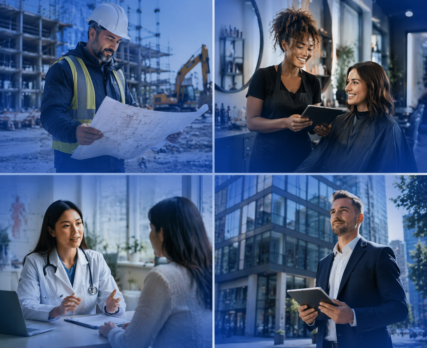 Four professionals in blue-toned workplace scenes: construction, hairstyling, healthcare, and business.
