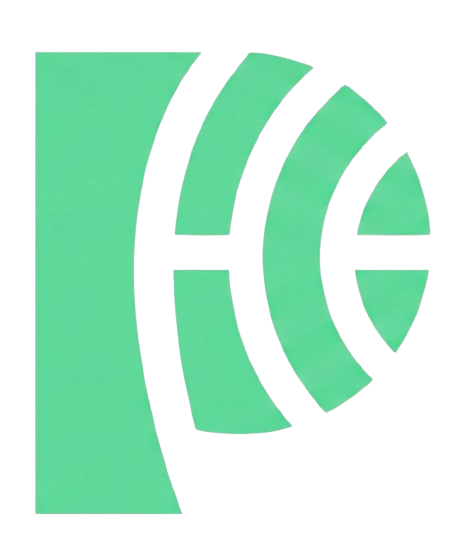 Green abstract logo with white curved lines on a white background