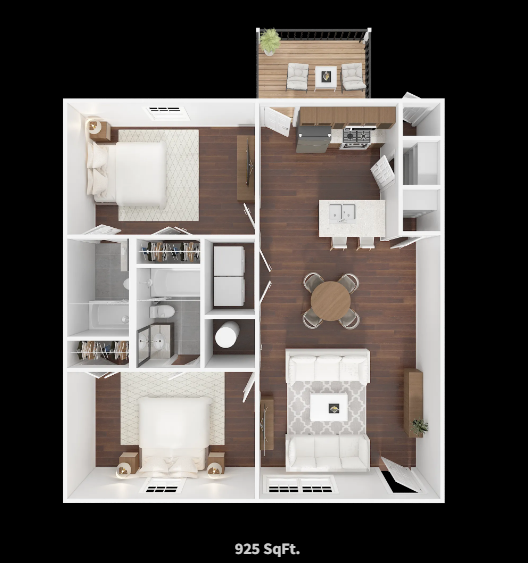 Floor plan of a 925 sq ft apartment, showing two bedrooms, a kitchen with a balcony, and a living/dining area.