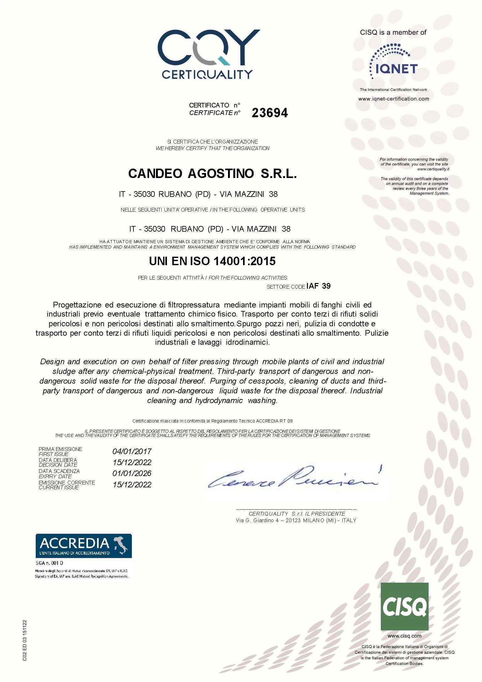 Certificato di conformità per CANICO AGOSTINO SRL con sigilli e firme ufficiali.