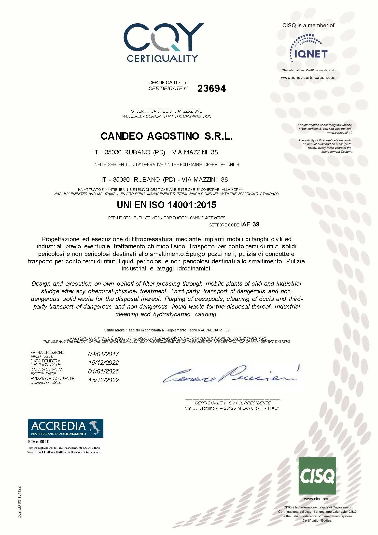 Certificato CQY per CANICO AGOSTINO SRL, con logo aziendale e data; conferma di conformità alla norma.