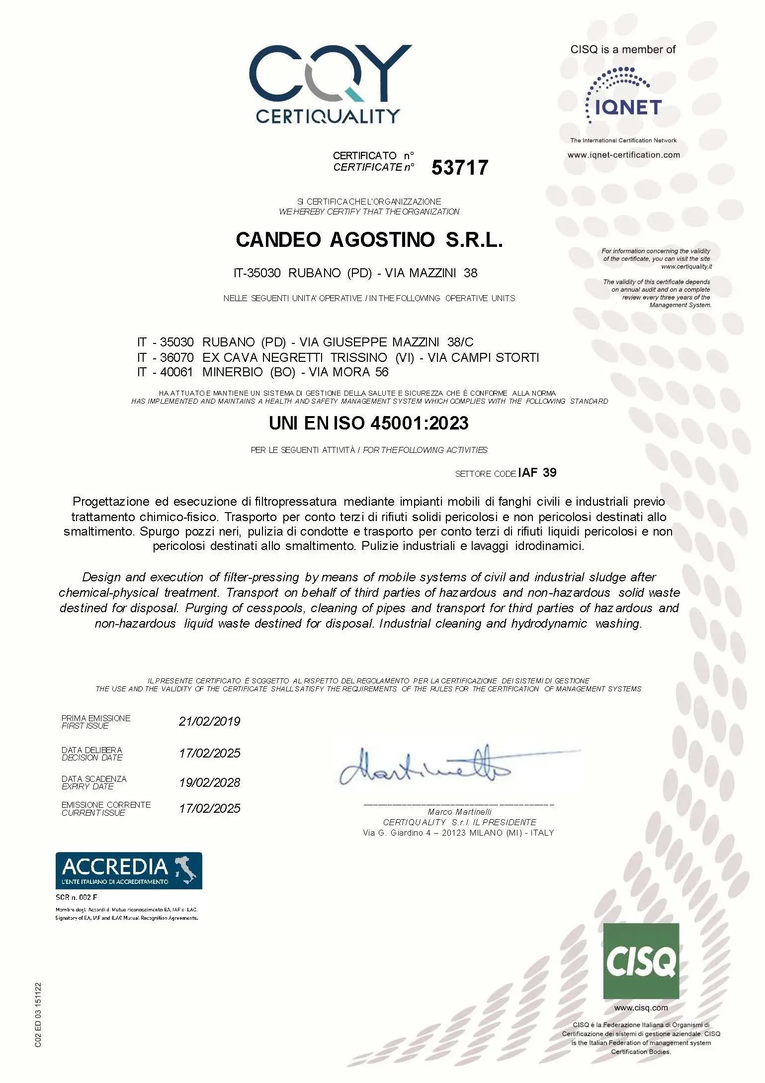 Certificato di conformità del CQY, per Sandro Agostino Srl con firma e marchi di certificazione.