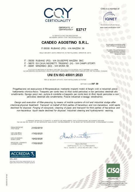 Certificato di conformità del CQY, per Sandro Agostino Srl con firma e marchi di certificazione.