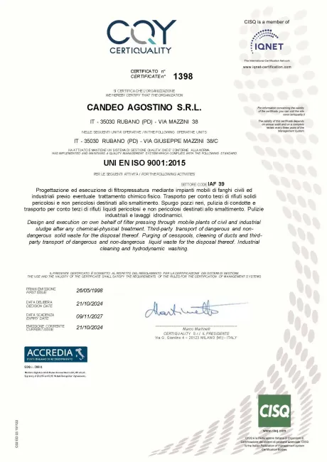 Certificato del CQY, in italiano, con logo e testo aziendale, probabilmente una certificazione di qualità.