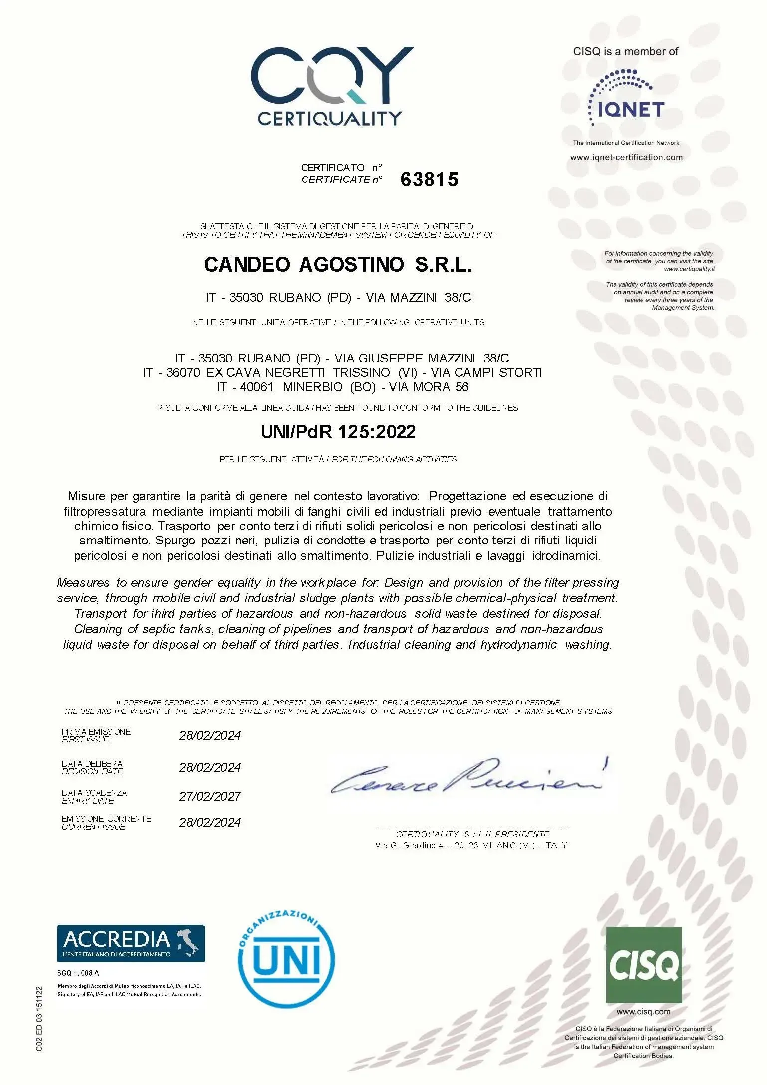 Certificato CQY, rilasciato a Danco Agostino SRL