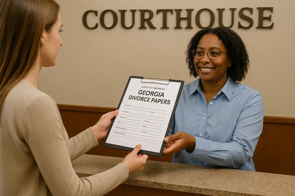A woman is giving a clipboard to another woman in a courthouse.