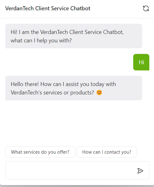 A screenshot of a verdantech client service chatbot building platform.