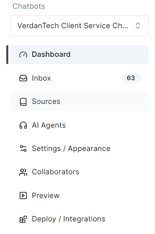 A screenshot of a chatbot dashboard. VerdanTech client service chatbot building platform.