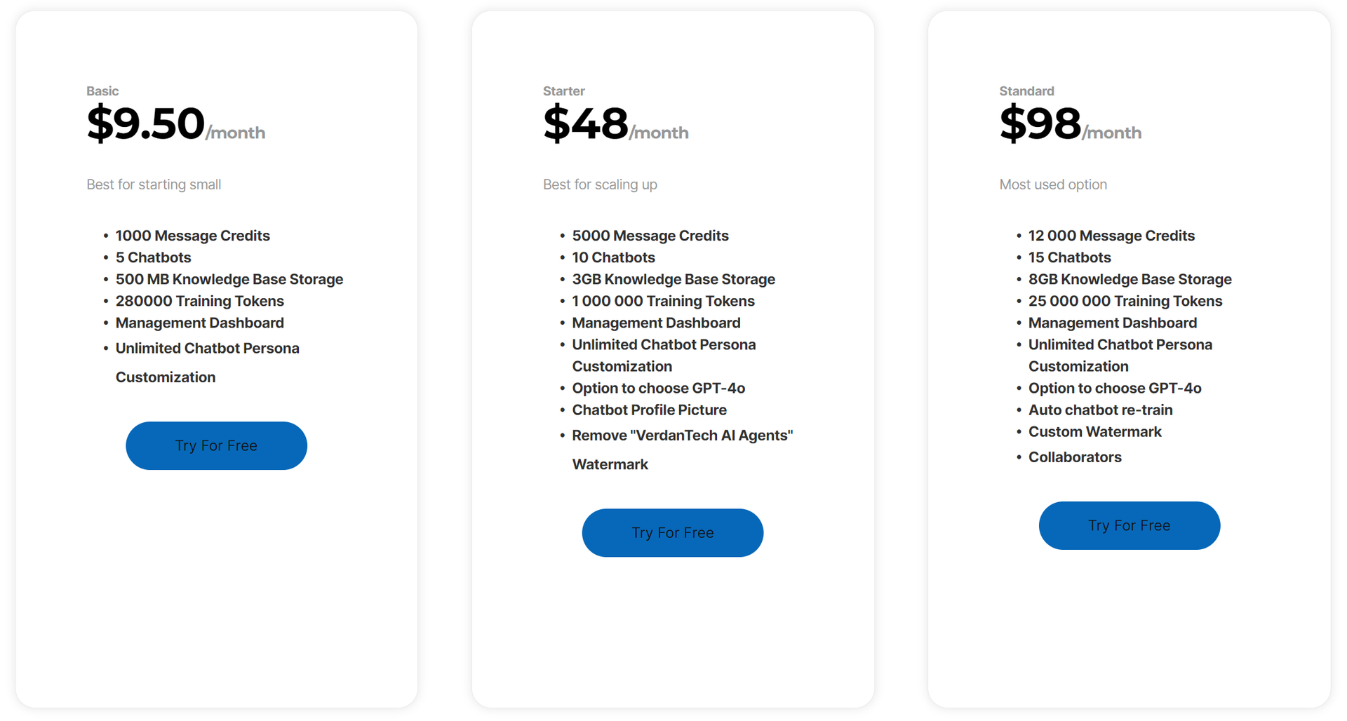 A screenshot of three different pricing plans for the VerdanTech Chatbot building platform. 