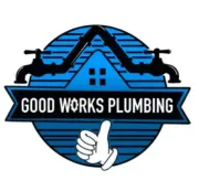 Logo for Good Works Plumbing with blue and white colors, thumbs up, and plumbing elements.