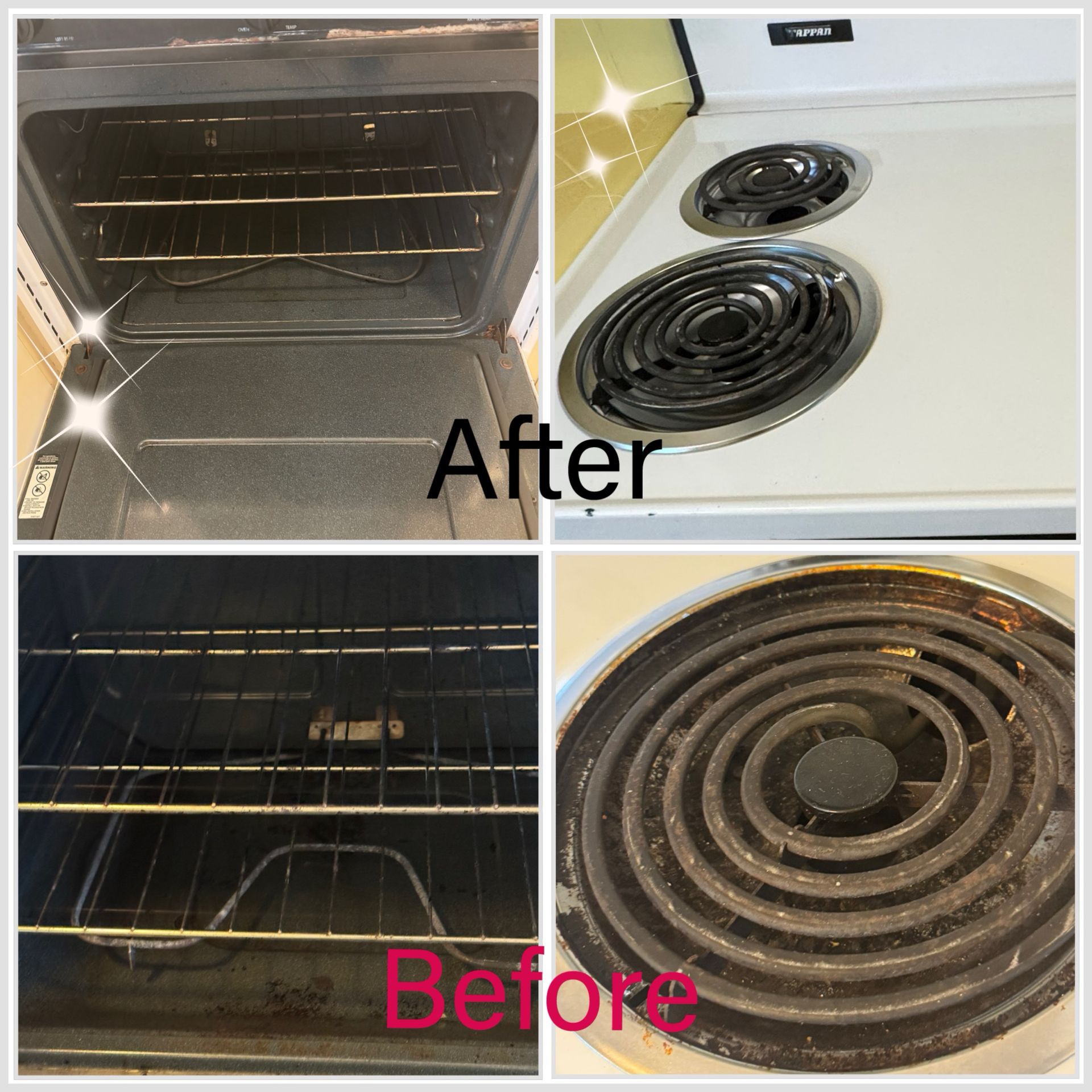 Before-and-after photos of a cleaned oven and stovetop. The oven is black inside, and the stovetop has circular coils.