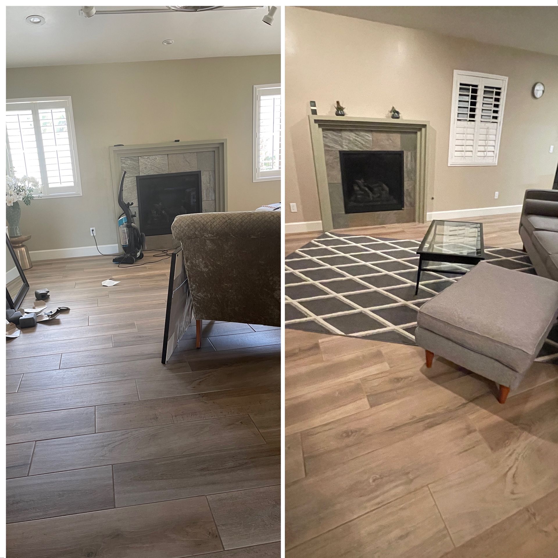 A before and after photo of a living room with hardwood floors and a fireplace.