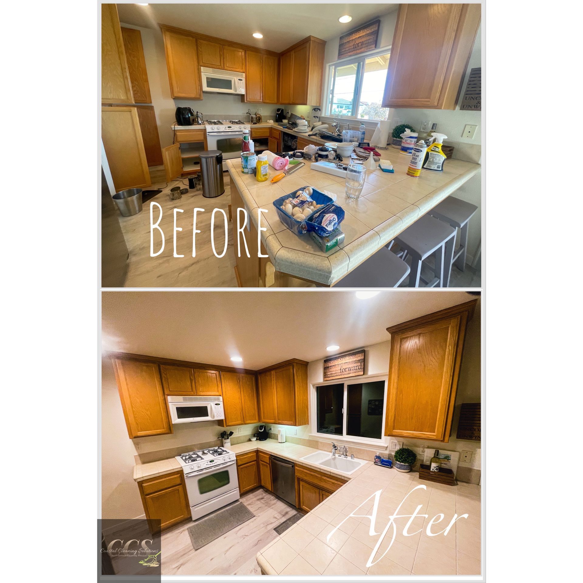 A before and after photo of a kitchen with wooden cabinets.