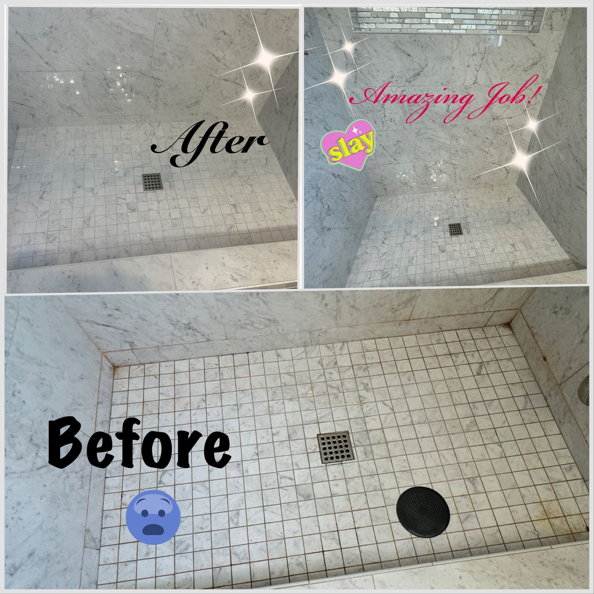 Before-and-after of a white tile shower. Bottom shows dirty tiles, the top cleaned. 