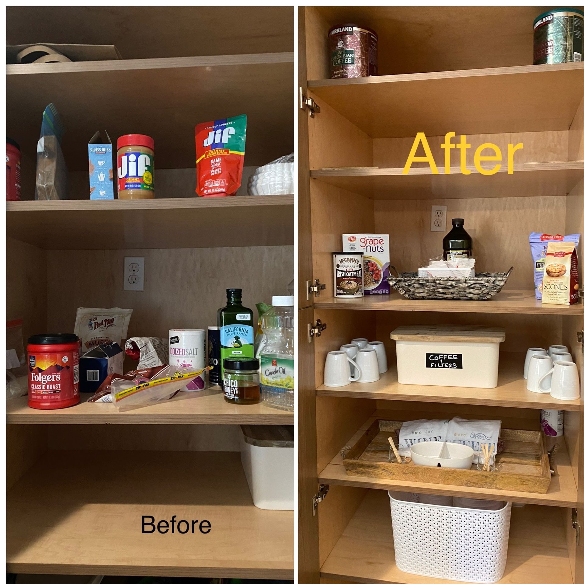 A picture of a pantry before and after being organized