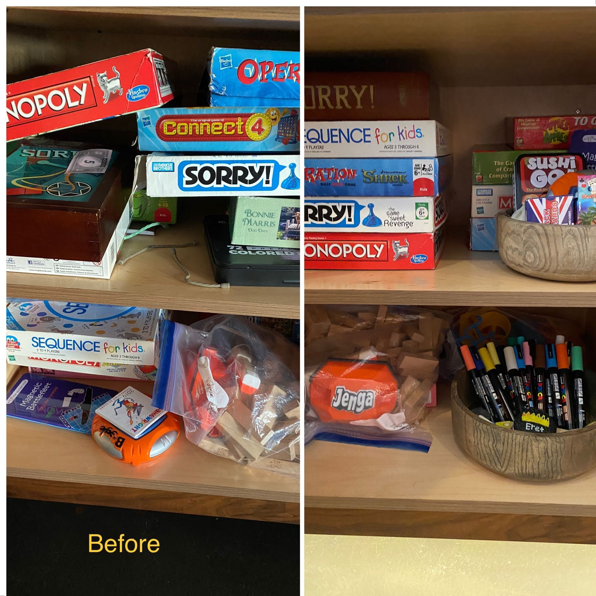 A before and after picture of a shelf full of toys