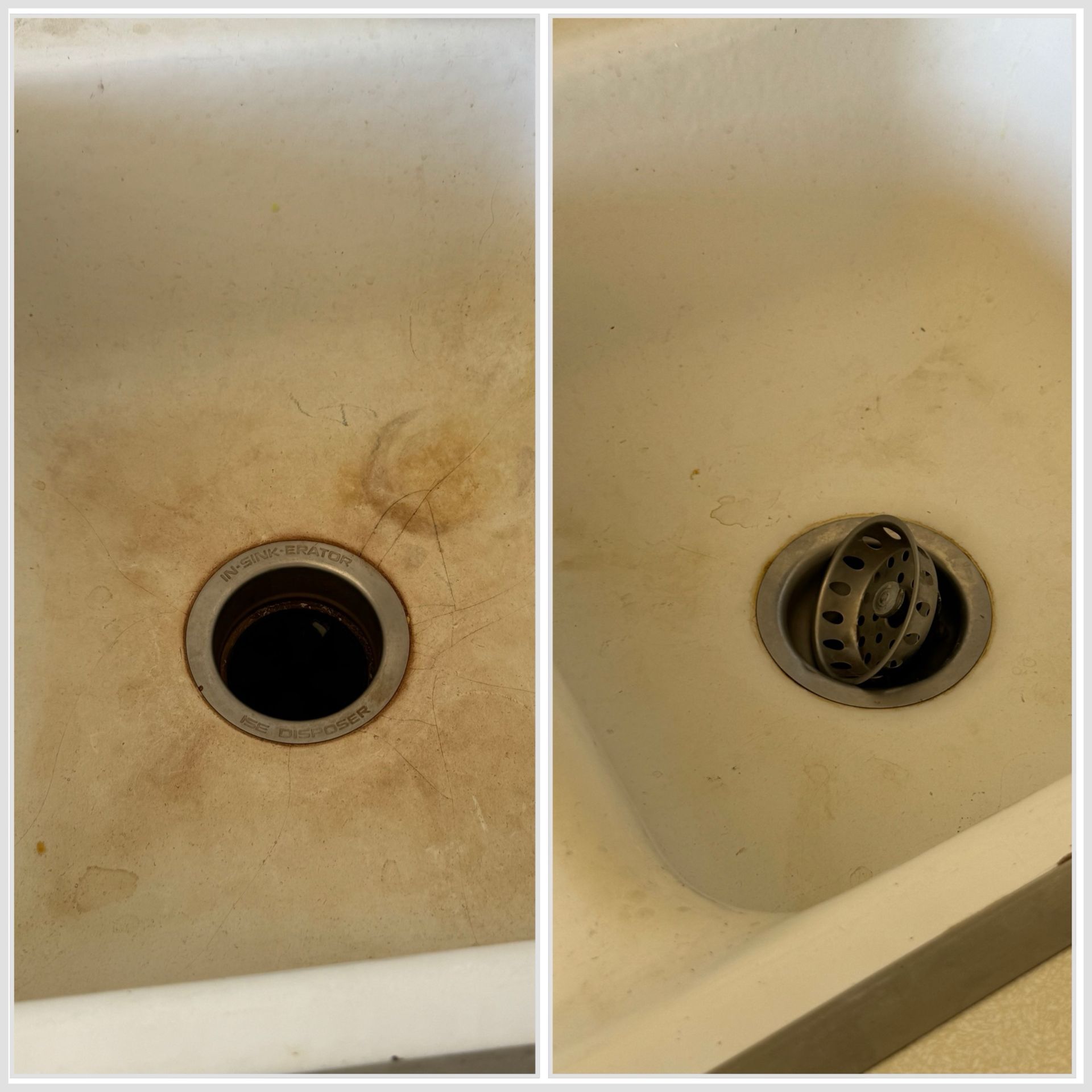 Comparison of a dirty and clean white kitchen sink.