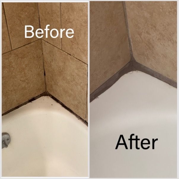 Before-and-after of a bathroom corner: black mold on the caulk is cleaned away. The caulk is replaced with a clean white.