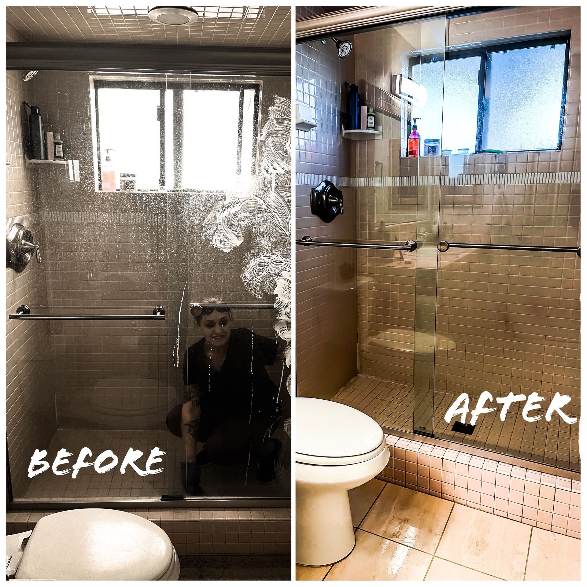 A before and after photo of a bathroom