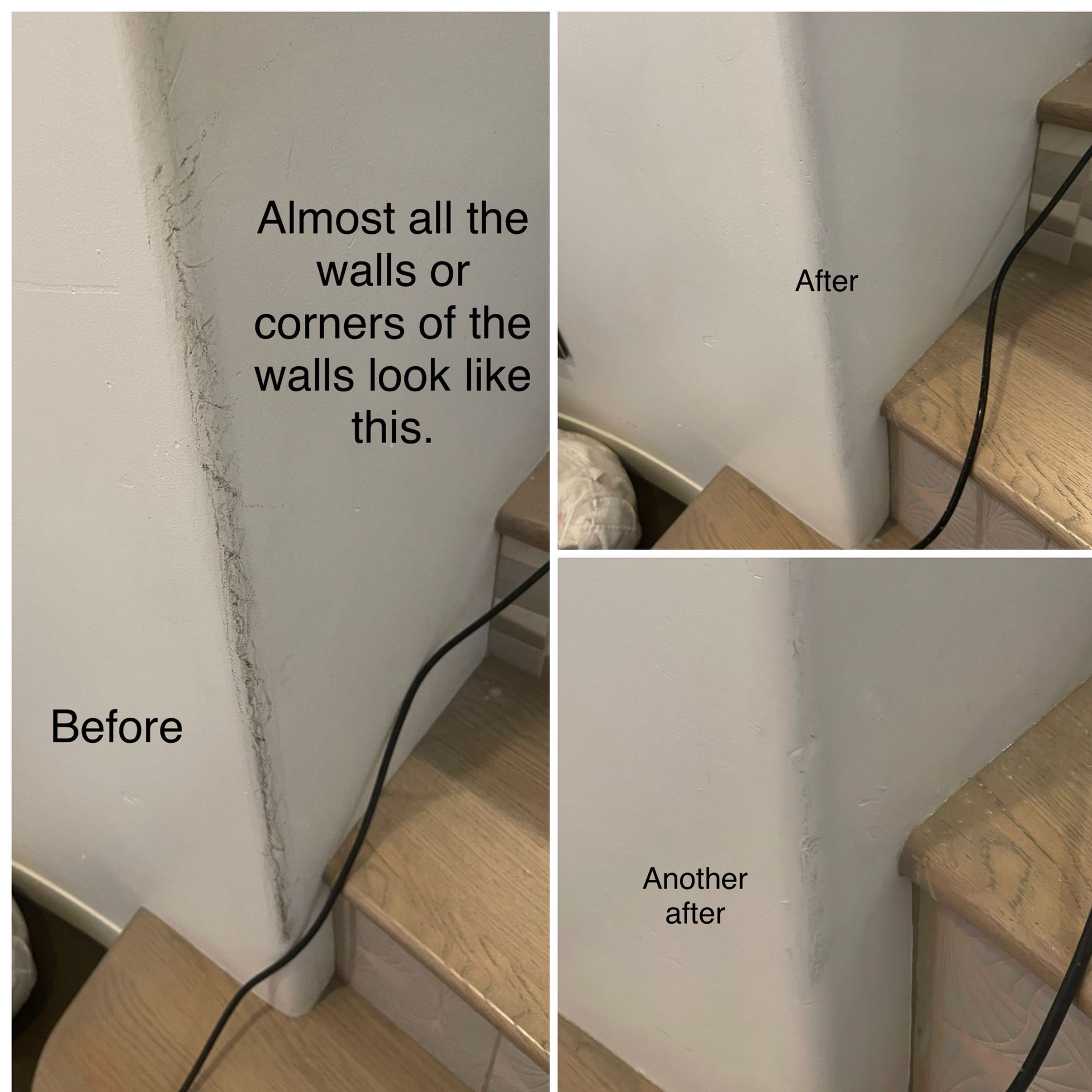 A collage of before and after pictures of a corner of a wall