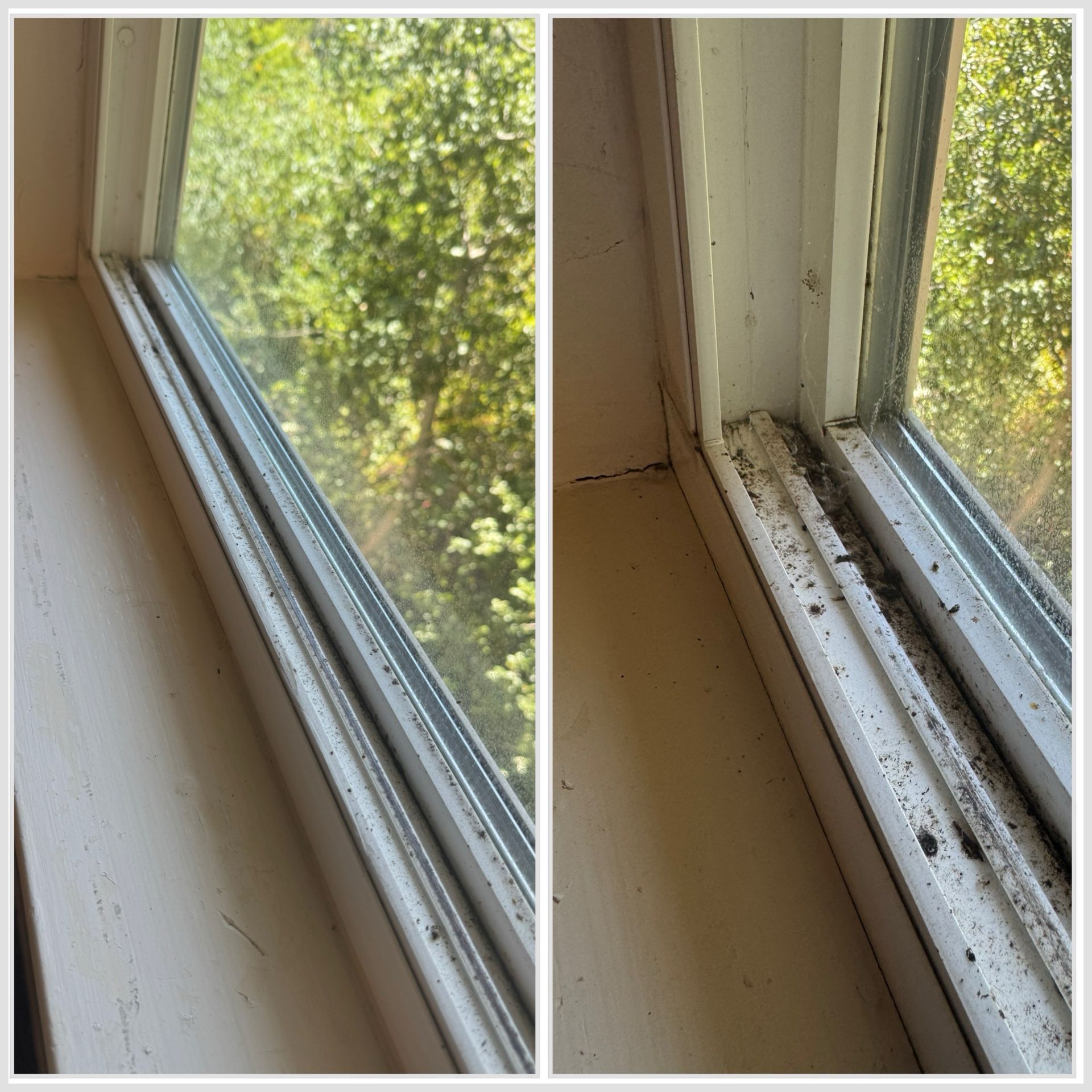 Two close-up window views. One clean, the other shows dirt and debris in the track.