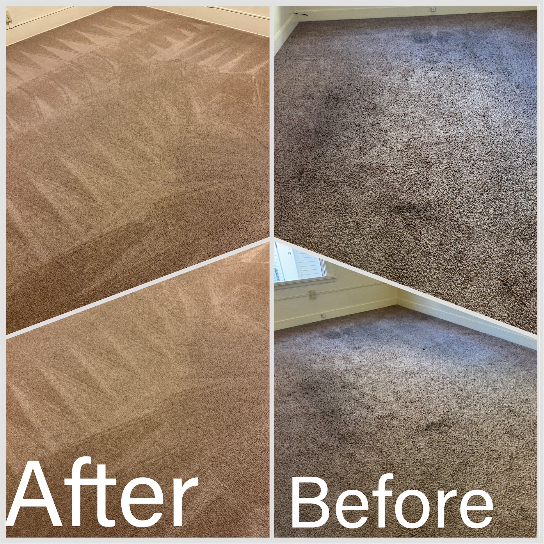Three pictures of a carpet before and after being cleaned.